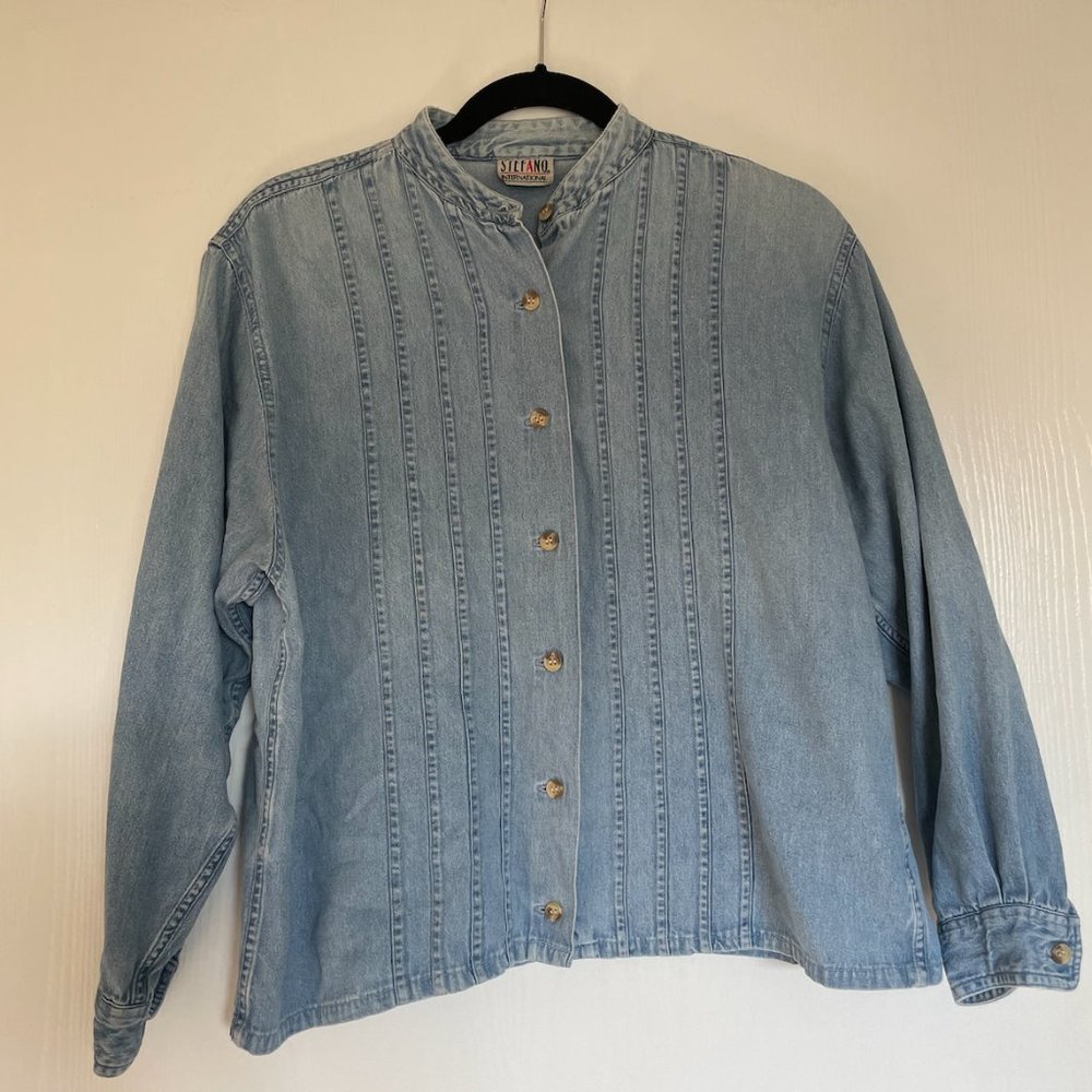 Vintage Denim Pleated Button Up Shirt